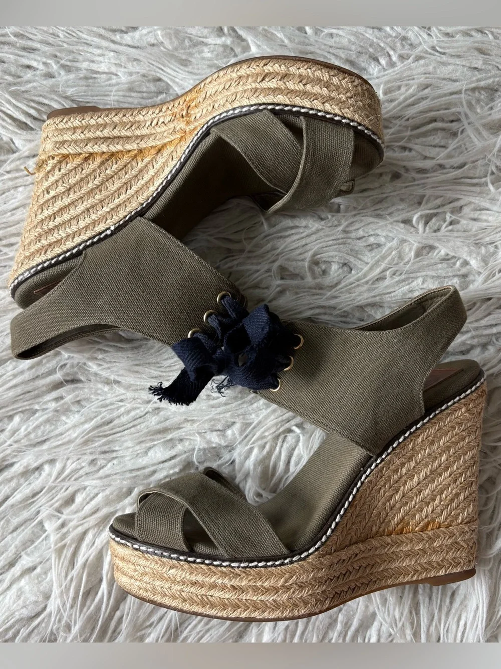 Tory Burch Gabe Lace Up Canvas Olive Green Platform Sandal Espadrilles Size 38